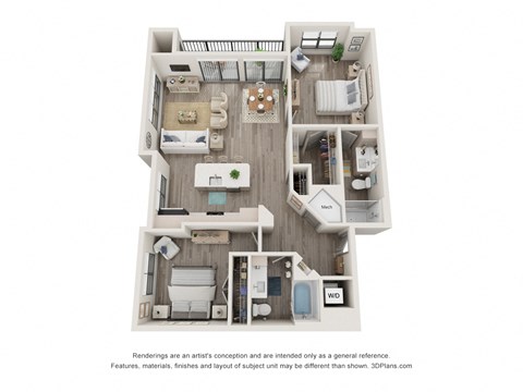 Floor plan for 2 beds, 2 baths, 1254 sqft